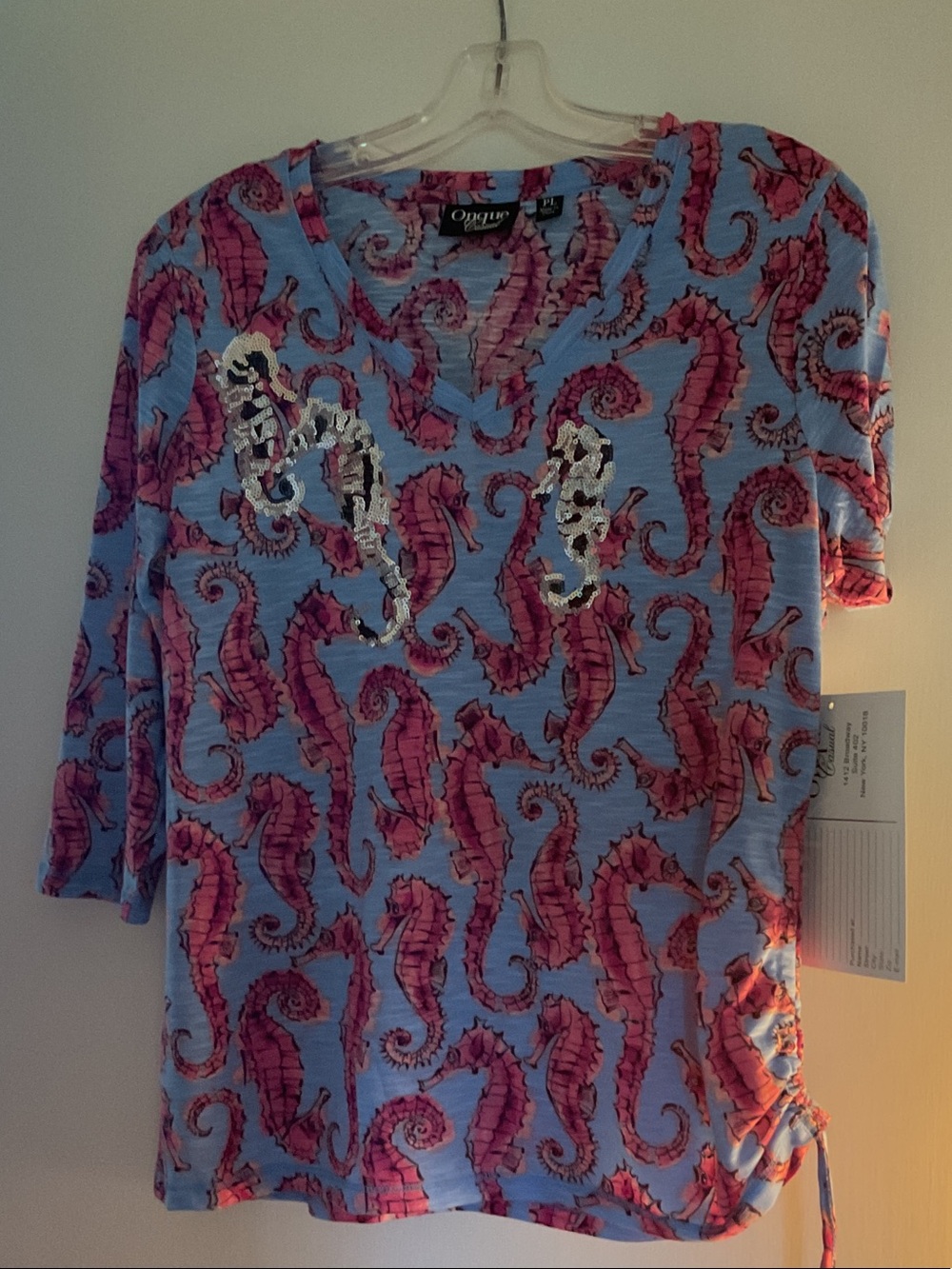 Onque Casuals Sequin Seahorse V-Neck 3/4 Sleeve Tee NWT
